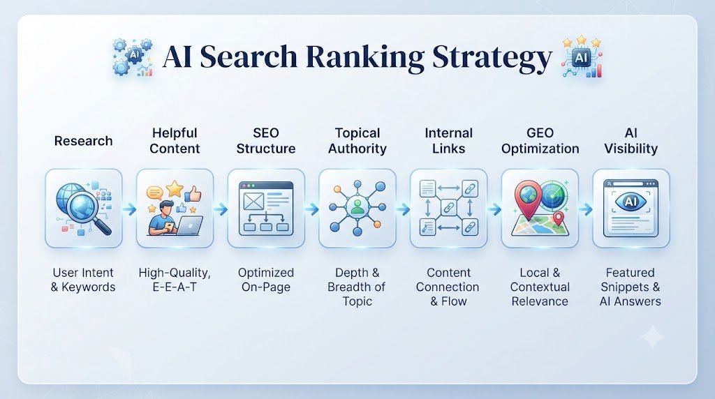 AI search ranking strategy showing SEO, helpful content, topical authority and GEO optimization