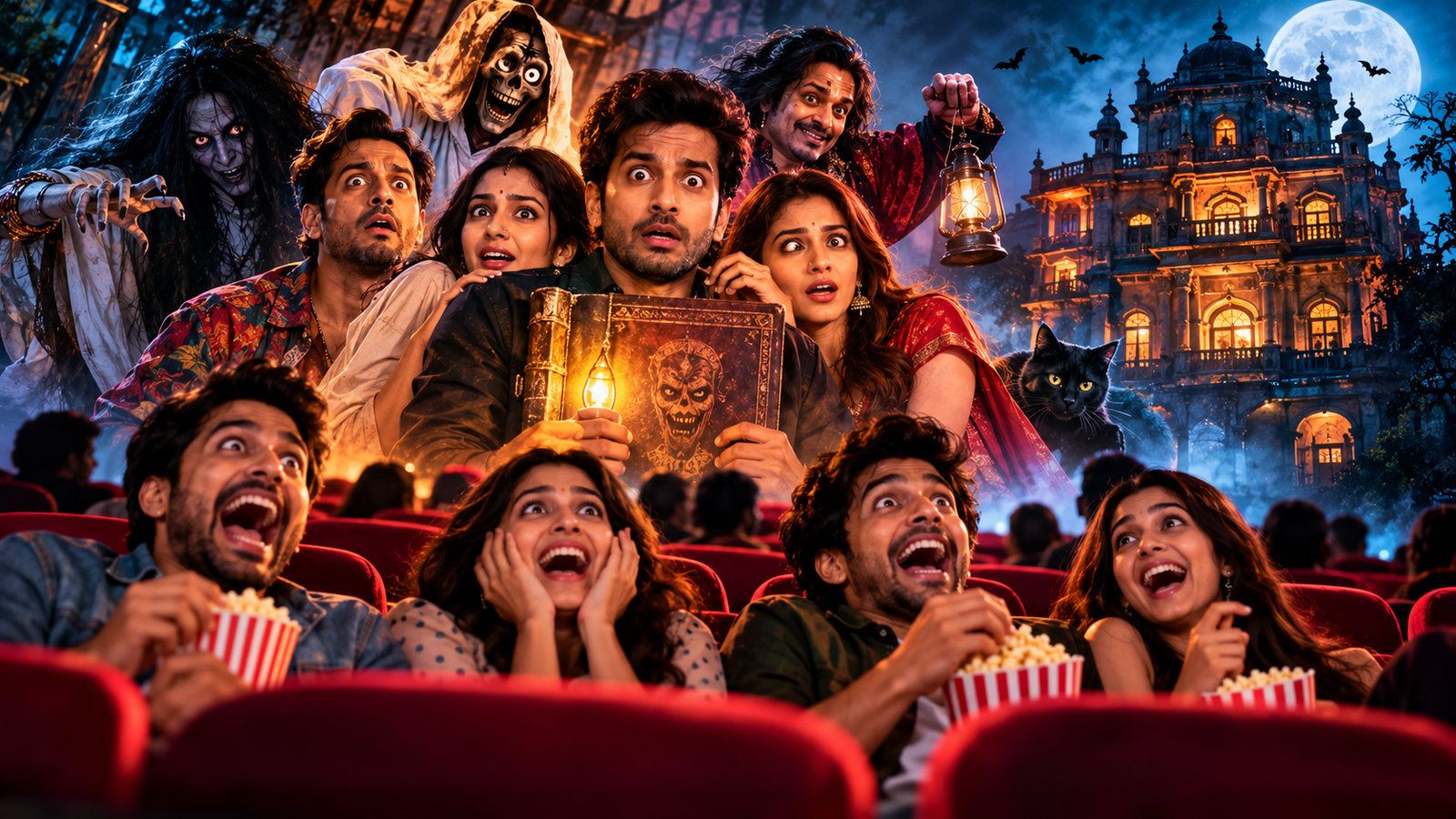 Bollywood horror-comedy movie scene featuring frightened and funny characters, spooky ghosts, a haunted mansion, and audiences laughing and screaming, highlighting the growing popularity of horror-comedy films in India.
