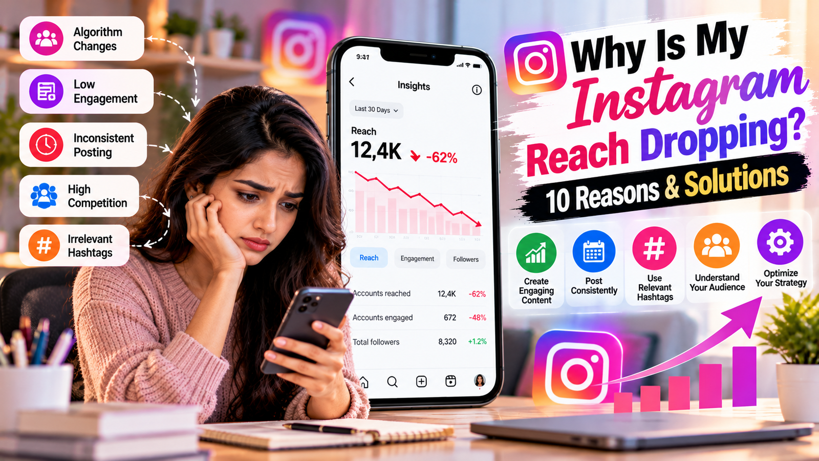 Instagram reach dropping infographic showing declining Instagram Insights, algorithm changes, low engagement, inconsistent posting, irrelevant hashtags, and solutions to improve Instagram reach and audience engagement.