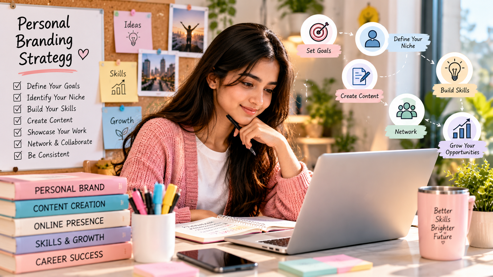 Young professional creating an effective personal branding strategy by defining goals, identifying a niche, developing skills, planning content, networking, and building an online presence.