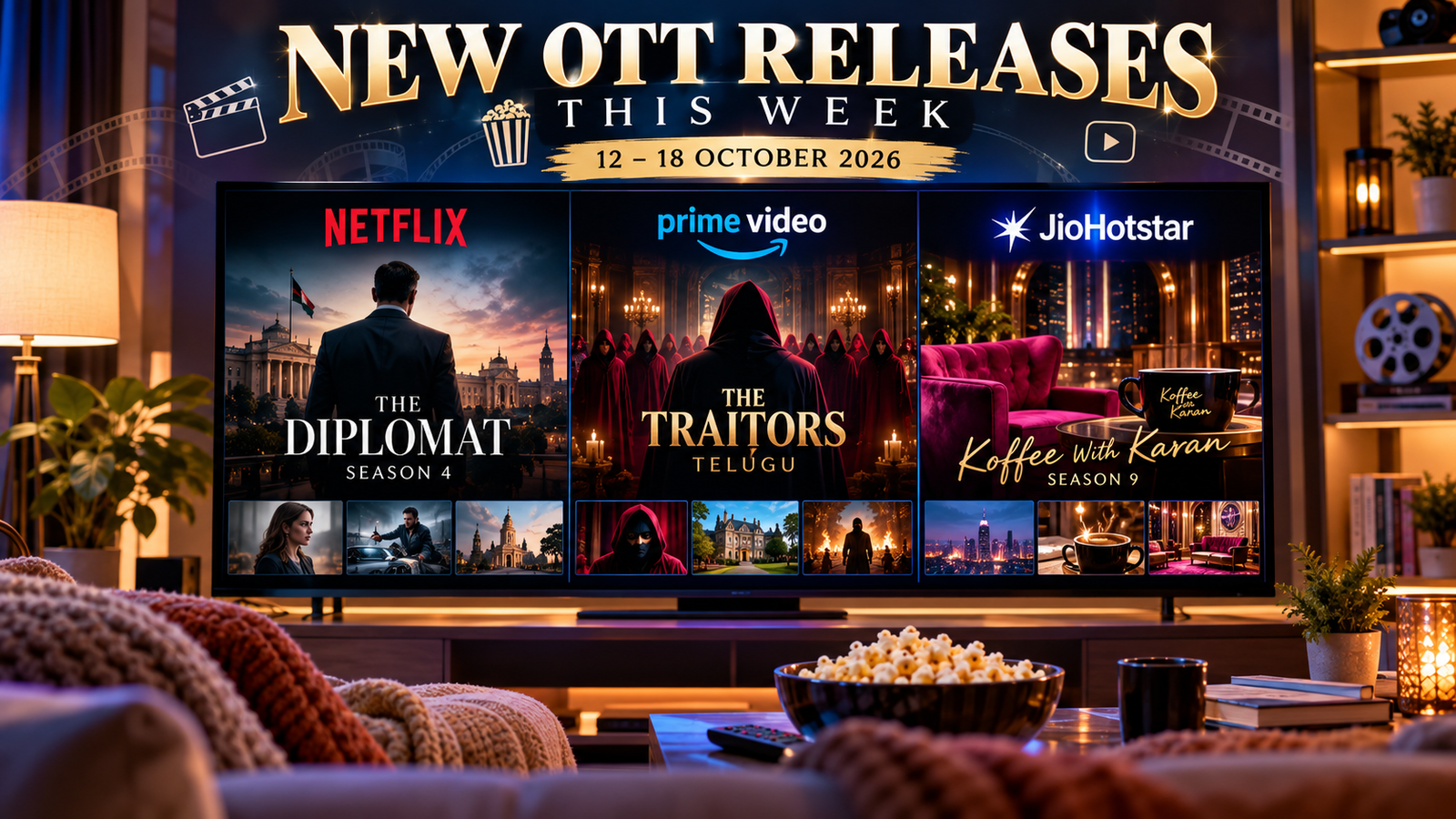 New OTT releases this week featuring The Diplomat Season 4 on Netflix, The Traitors Telugu on Prime Video, and Koffee With Karan Season 9 on JioHotstar.