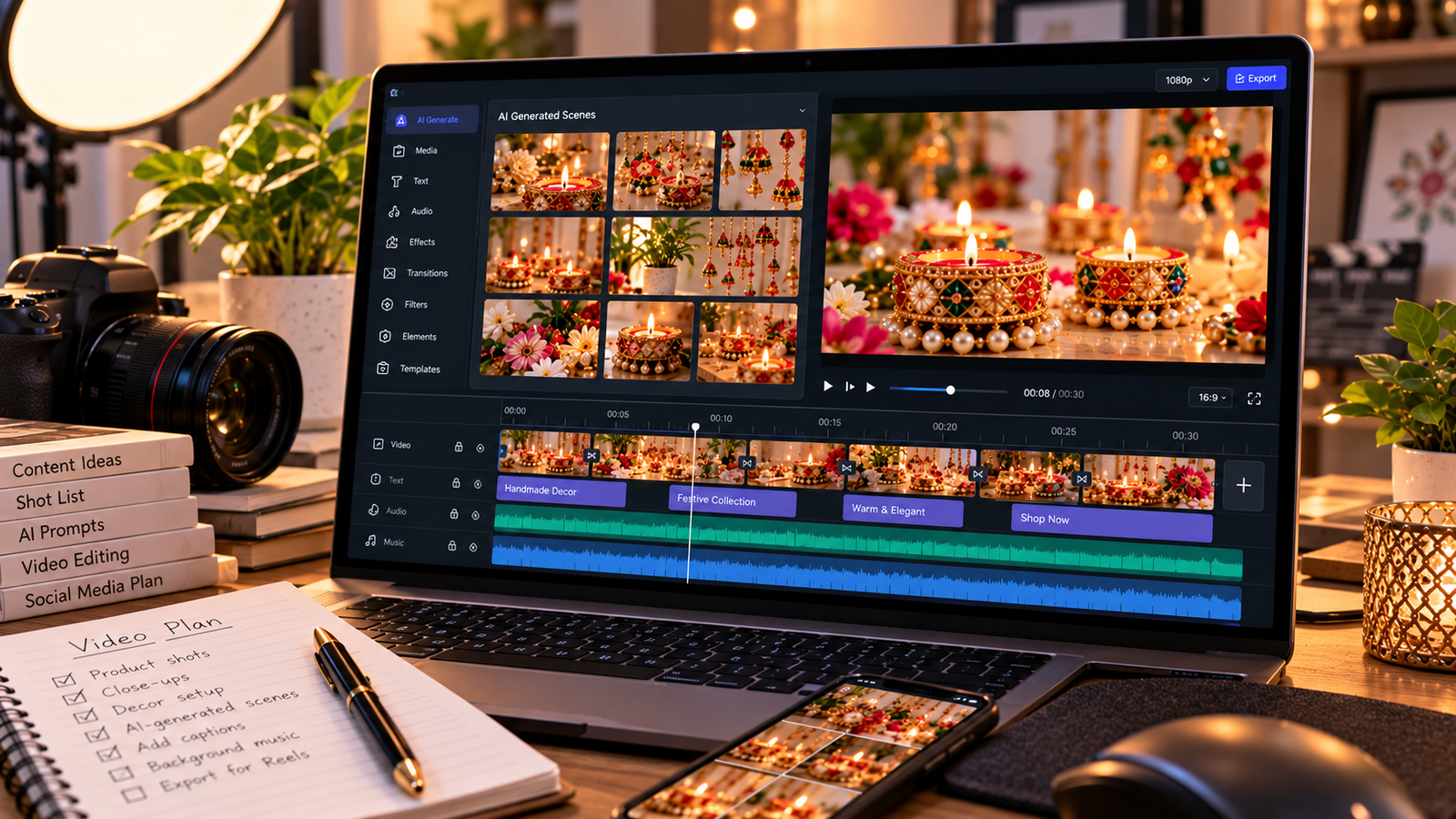 "Professional video editing workstation featuring a laptop displaying AI-generated cinematic scene thumbnails, video editing timeline, text overlays, and background music tracks."