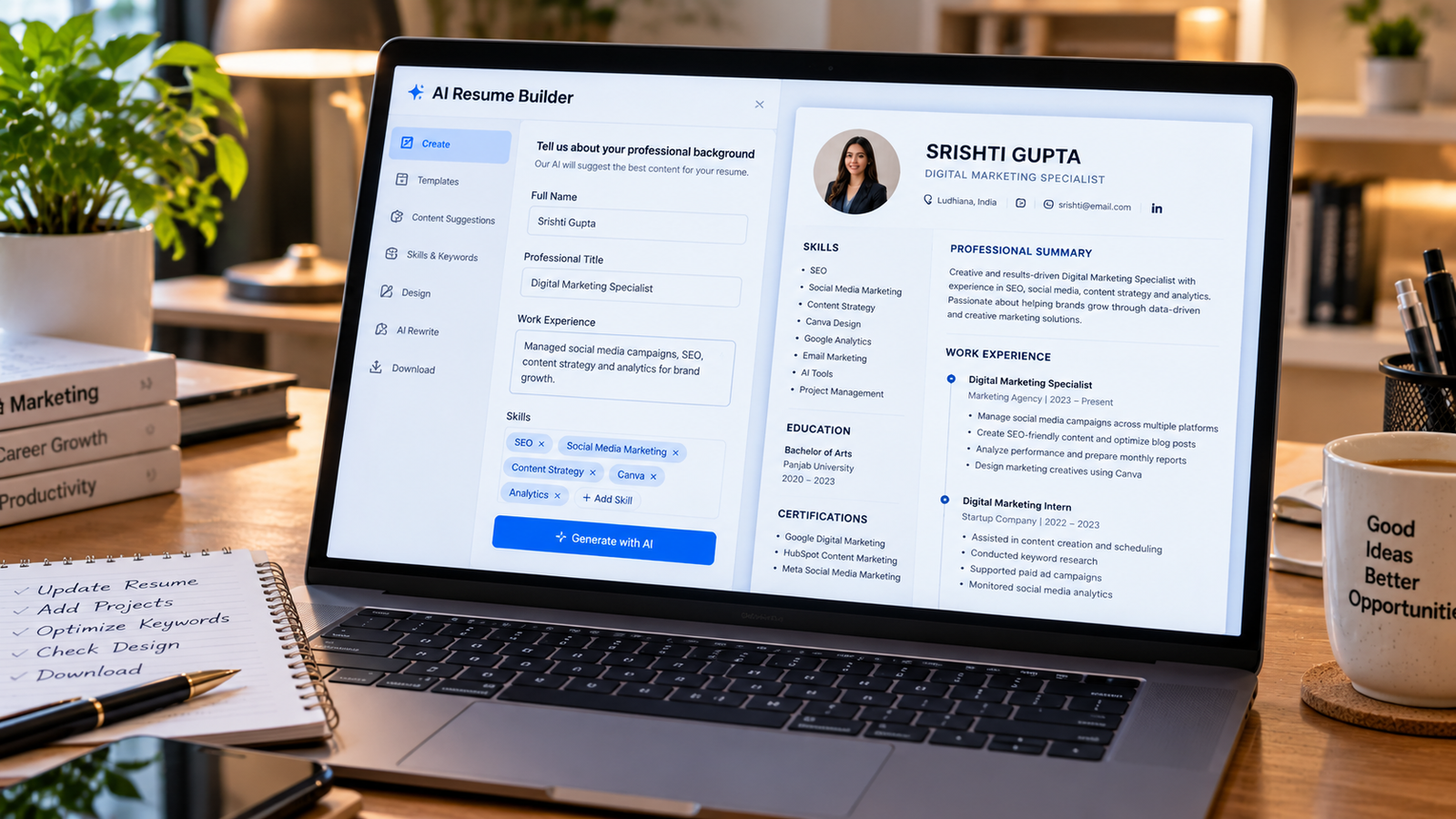 Realistic laptop displaying an AI-powered resume builder with a professional resume preview, editable skills, work experience, and career details in a modern workspace