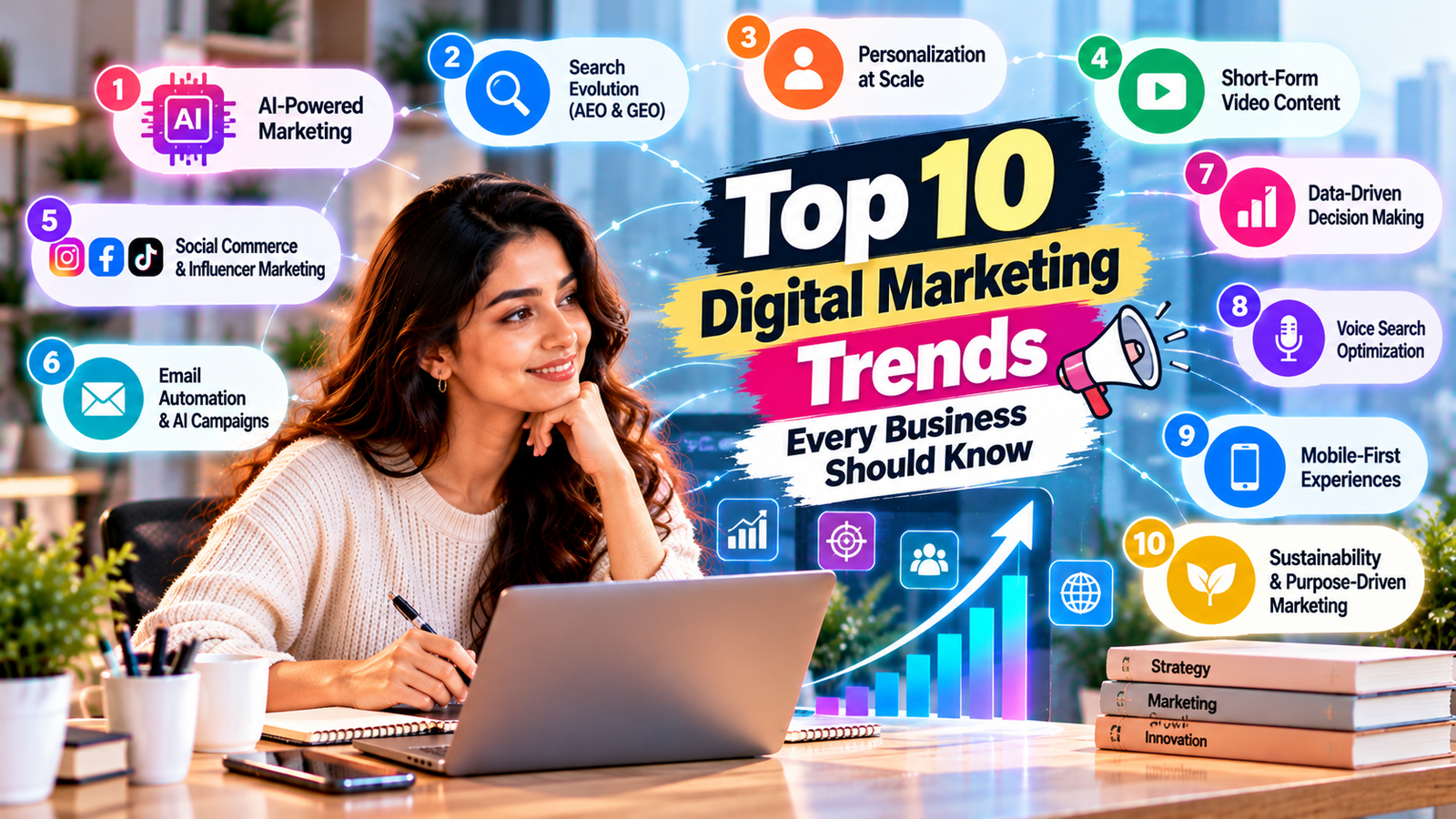 Top 10 digital marketing trends featuring AI-powered marketing, AEO and GEO, personalized content, short-form videos, social commerce, influencer marketing, email automation, voice search, mobile optimization, and data-driven strategies.