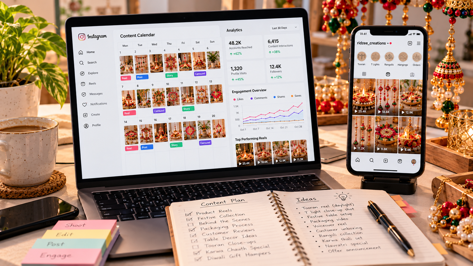 "Laptop displaying an Instagram content calendar, product Reels thumbnails, engagement analytics, and smartphone showing handmade décor posts with social media planning notes."