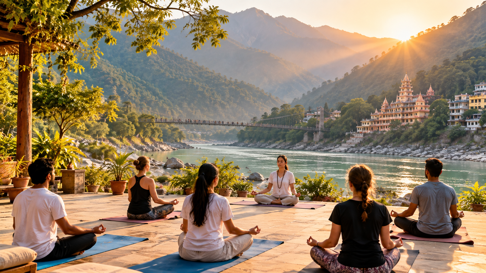 Yoga and meditation retreat in Rishikesh representing spiritual wellness tourism in India.