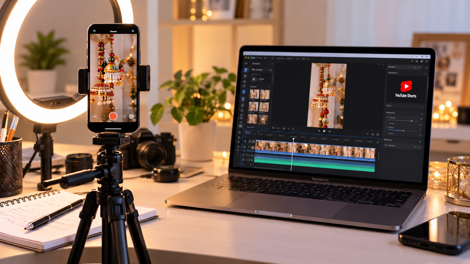 Realistic content creator studio featuring a smartphone mounted vertically on a tripod, ring light, and laptop displaying a YouTube Shorts video editing timeline."