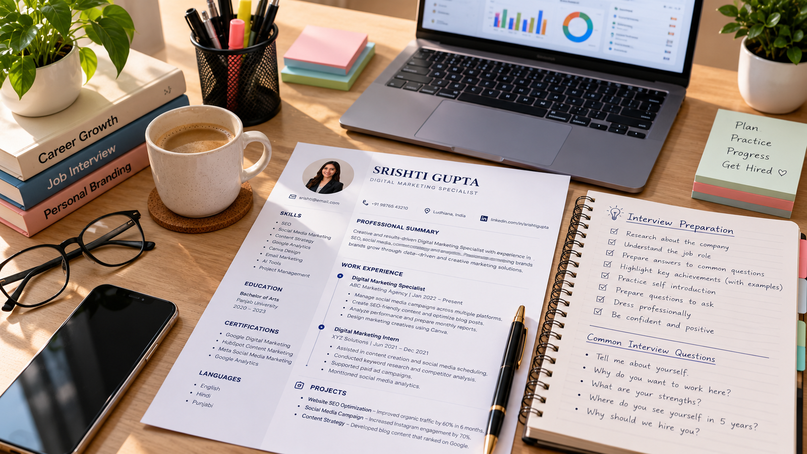 Professional desk featuring a printed digital marketing resume, handwritten interview preparation checklist, common interview questions, laptop, notebook, and stationery for successful job interview preparation.
