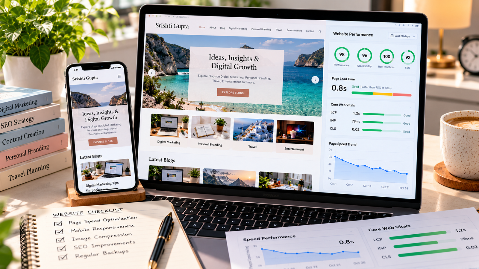 Laptop and smartphone displaying a responsive Srishti Gupta website with mobile-friendly design, website speed performance graphs, Core Web Vitals scores, and SEO optimization reports in a professional workspace.