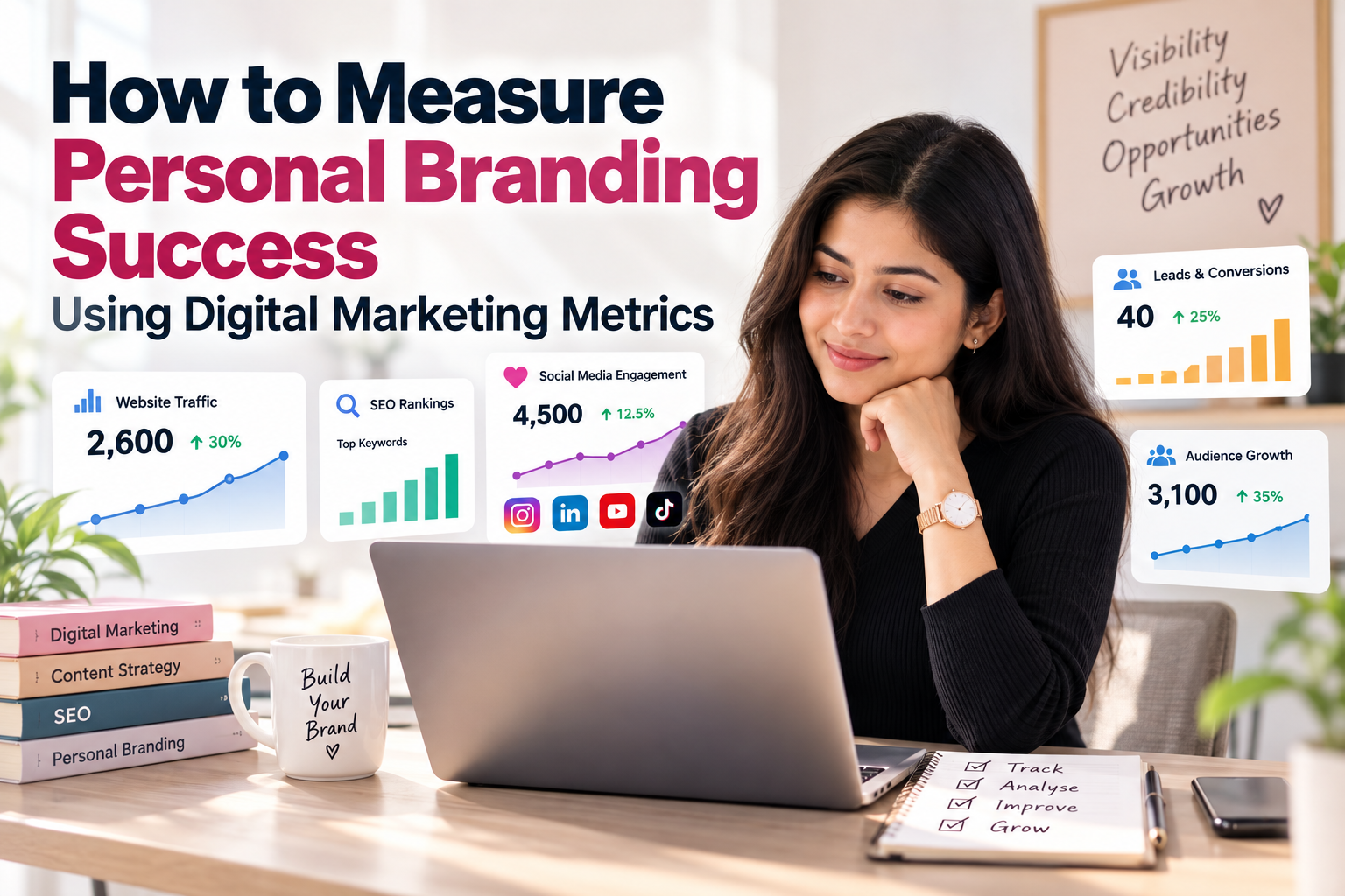 Digital marketing professional measuring personal branding success using website traffic, SEO rankings, social media engagement, audience growth, and conversion analytics.