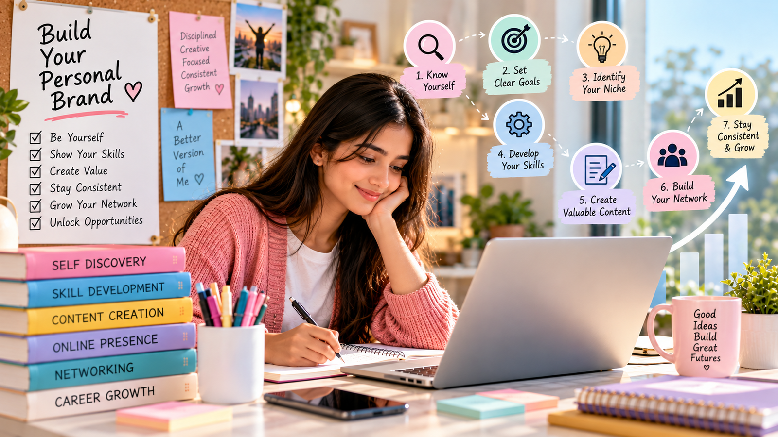 Young professional learning how to build a strong personal brand from scratch through self-discovery, goal setting, skill development, content creation, professional networking, and consistent online growth.