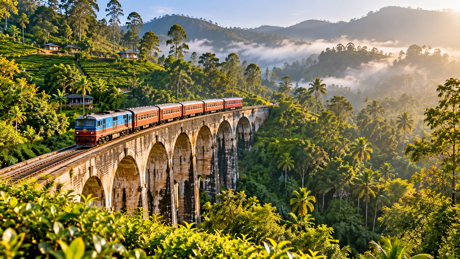 Nine Arch Bridge in Ella, Sri Lanka, surrounded by green mountains and tropical forests.