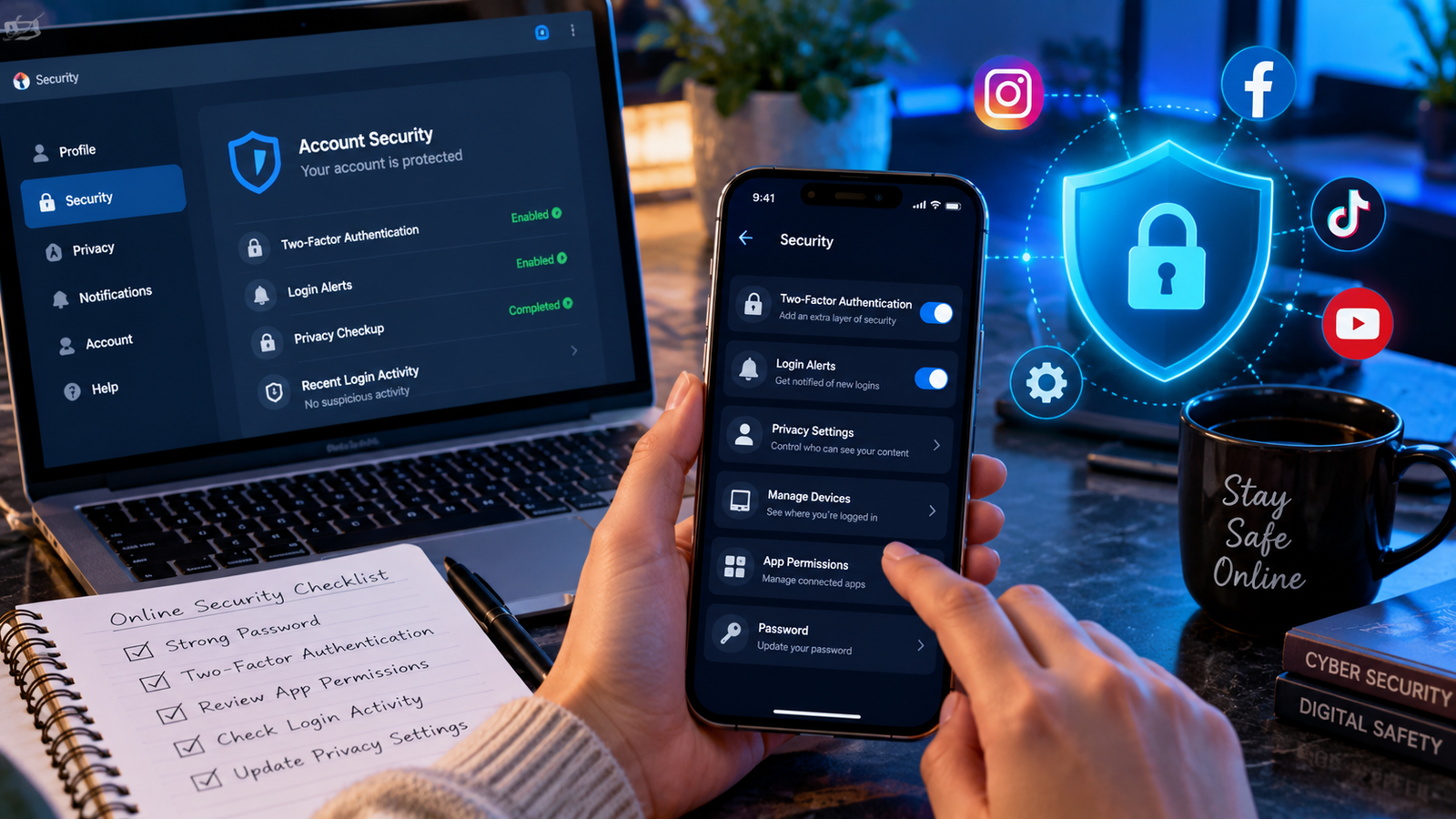 Cybersecurity workspace featuring a smartphone displaying social media security settings, two-factor authentication, privacy controls, and login alerts, alongside a laptop, digital shield icon, and social media logos under dark-blue lighting.