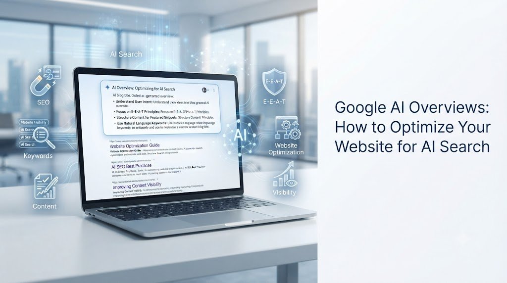 Google AI Overviews showing AI search, SEO, content optimization, keywords, E-E-A-T, and website visibility.