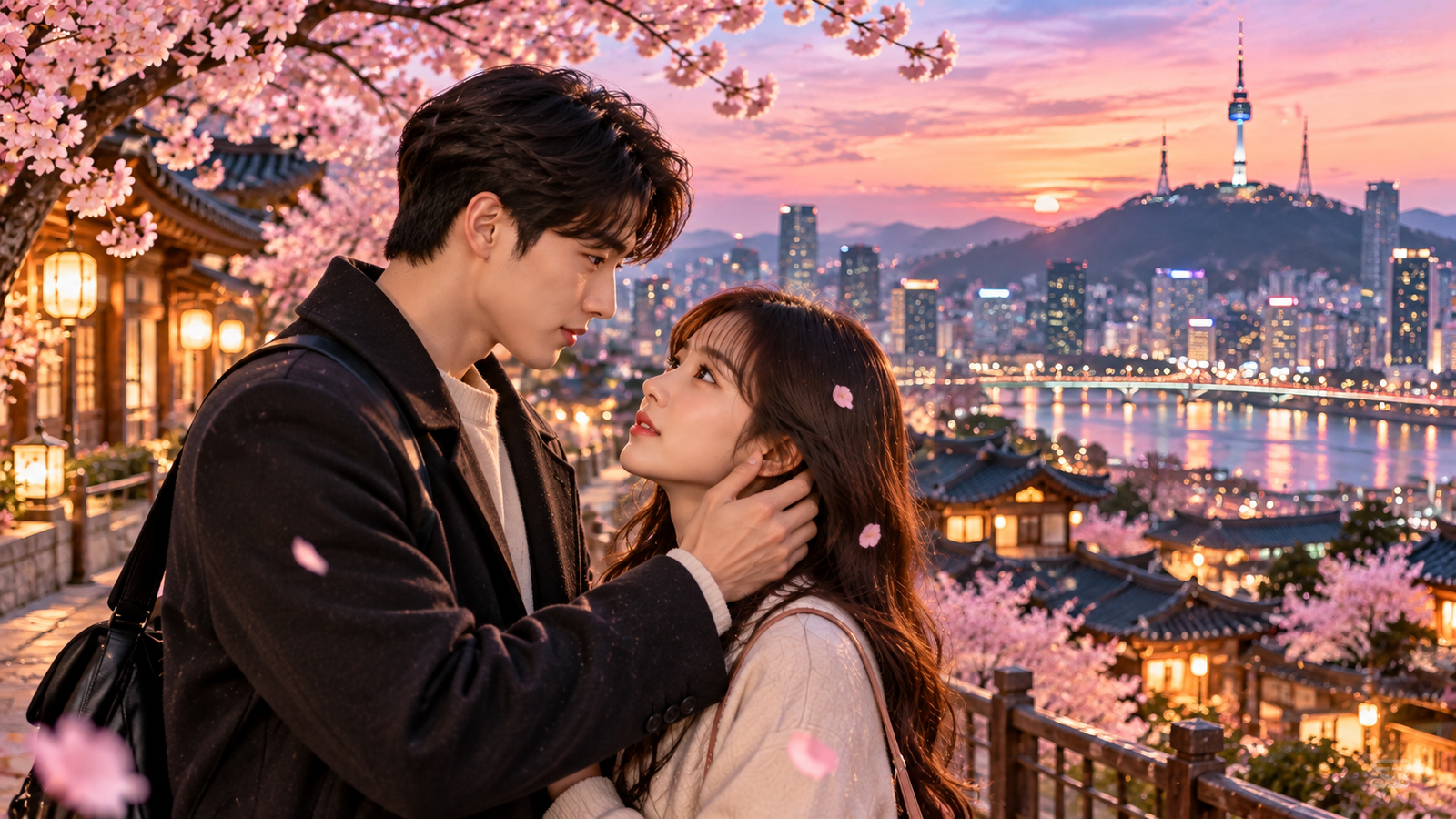 Romantic Korean drama couple sharing an emotional moment in Seoul, South Korea, with N Seoul Tower, cherry blossoms, traditional Korean architecture, and a beautiful sunset skyline in the background.