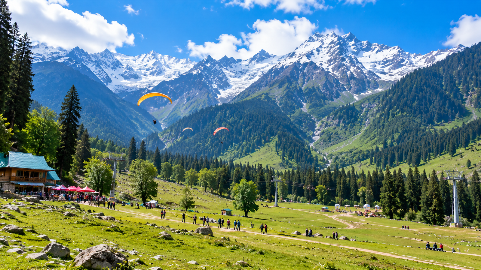 Breathtaking view of Solang Valley near Manali, Himachal Pradesh, featuring snow-capped Himalayan peaks, lush green alpine meadows, pine forests, tourists, and paragliding activities under a bright blue sky.