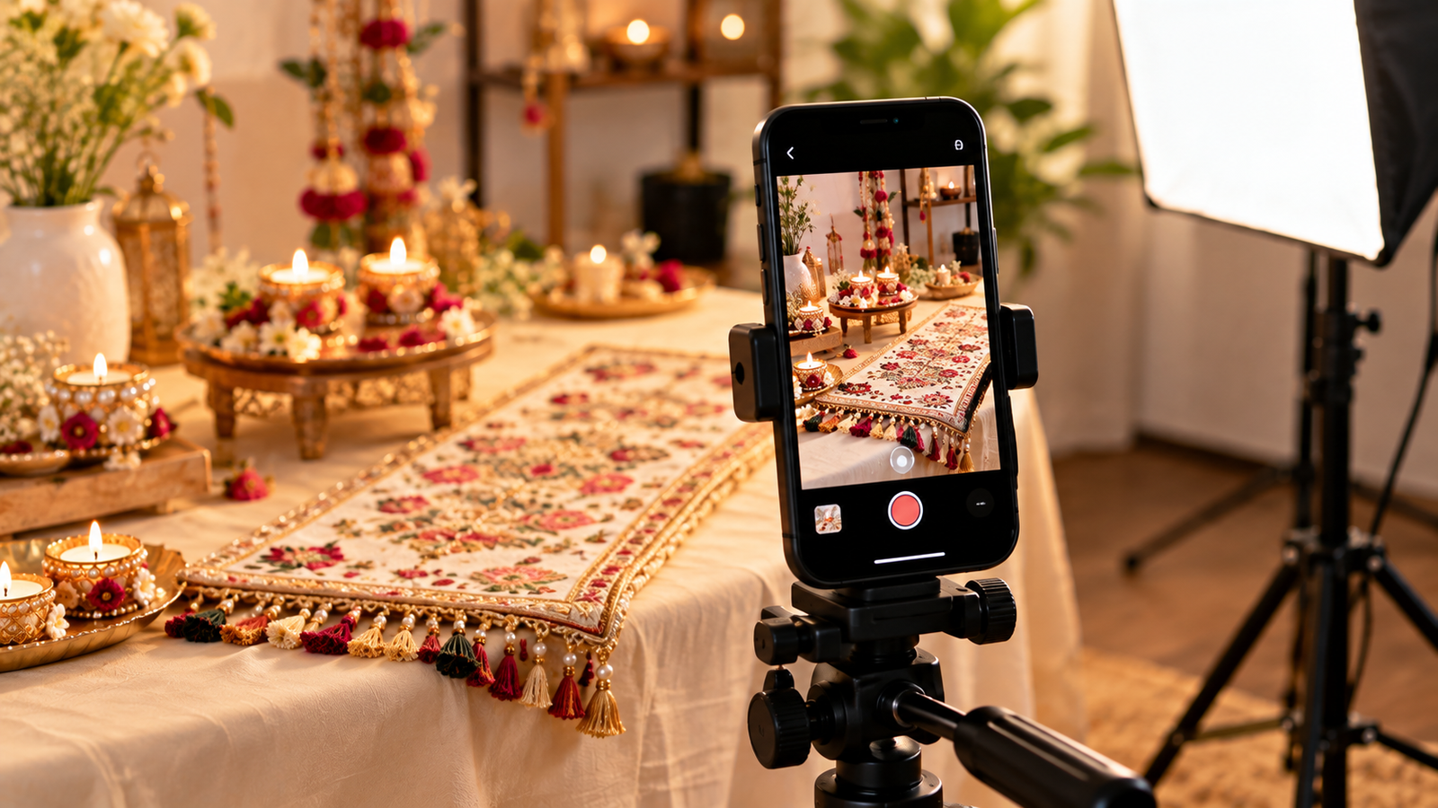 Small business recording Instagram Reels to promote handmade home décor products through social commerce.