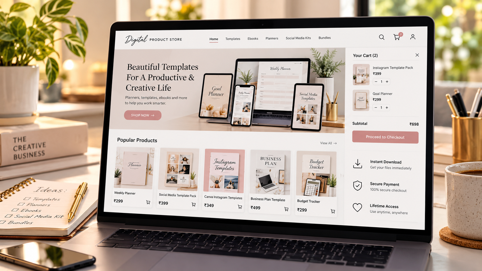 Realistic laptop displaying a digital product store with downloadable planners, Canva templates, ebooks, product listings, prices, and a secure checkout interface.