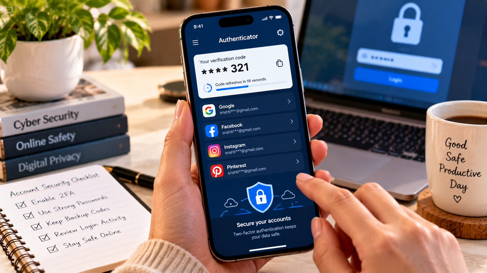 Close-up of a smartphone displaying a fictional authenticator app with a masked verification code, two-factor authentication settings, and a digital security shield beside a laptop showing a secure login screen.