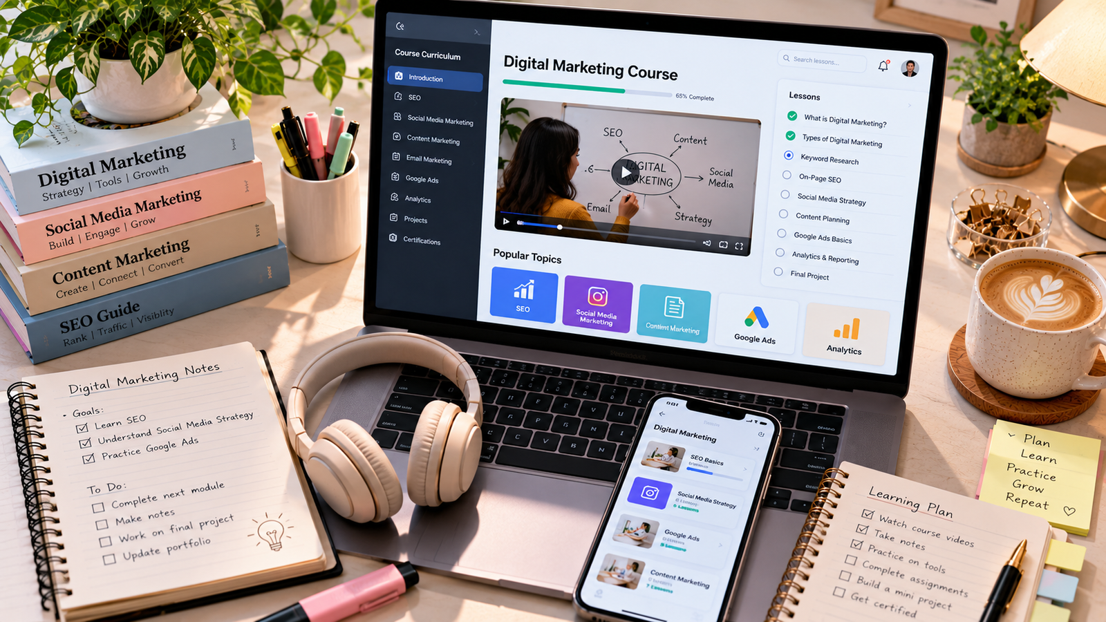 Overhead view of an online digital marketing learning workspace featuring a laptop displaying SEO, social media marketing, Google Ads, and analytics courses, alongside headphones, smartphone, study notebooks, and learning materials.