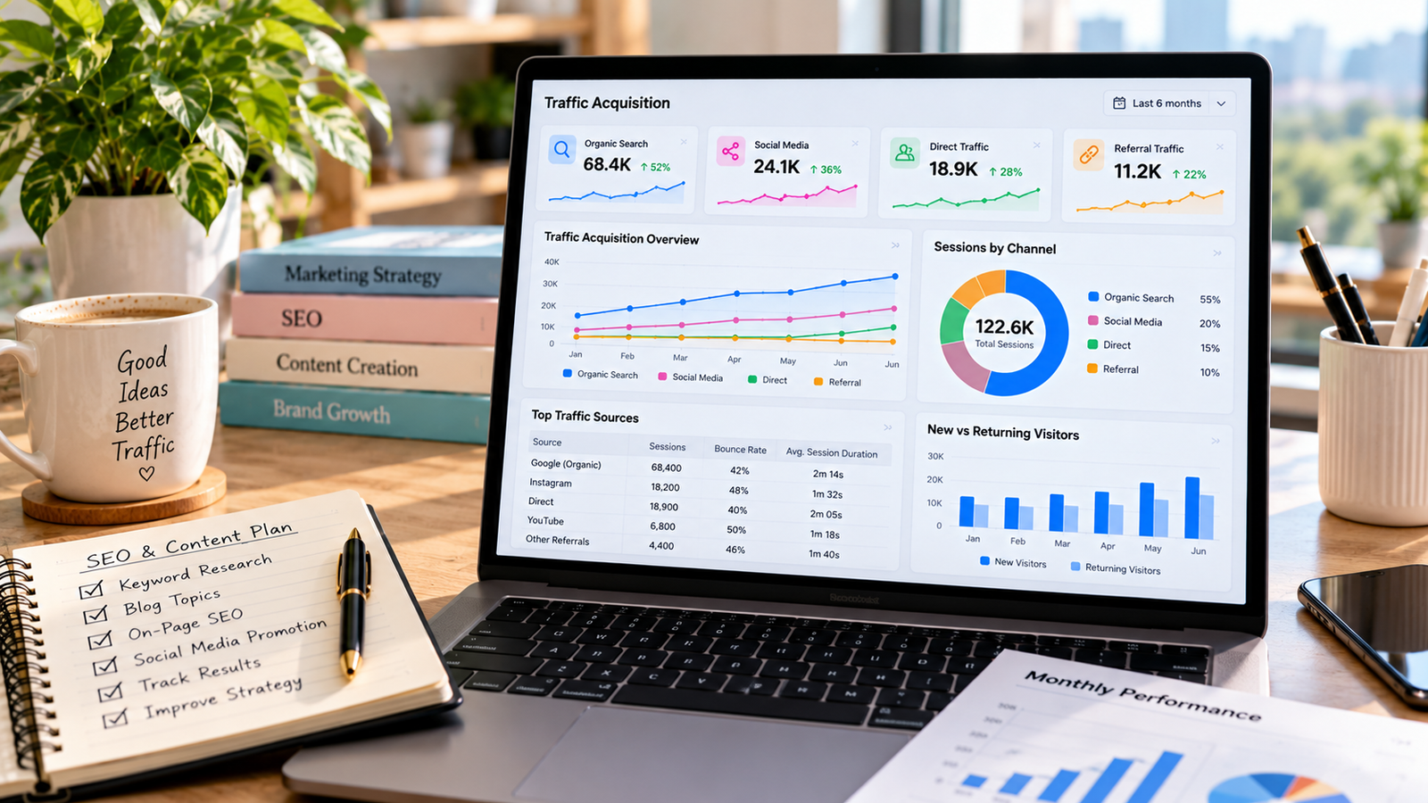 Laptop showing a website traffic acquisition dashboard with organic search, social media, direct and referral traffic statistics, visitor analytics, and colorful performance charts.