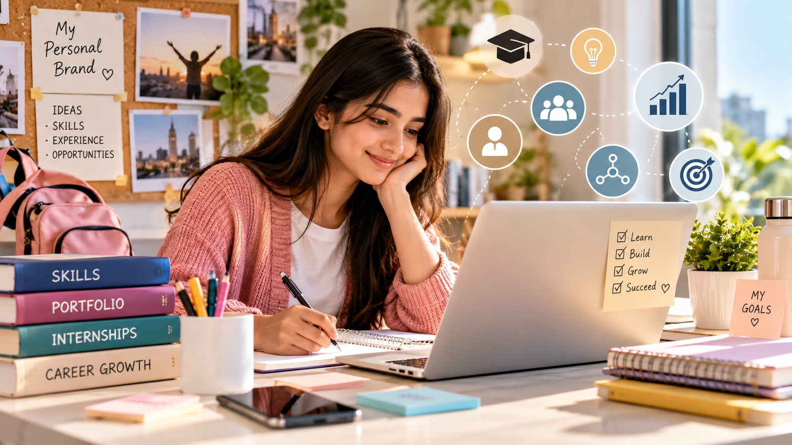 Young student building her professional identity through personal branding, skill development, portfolio creation, networking, and career planning.