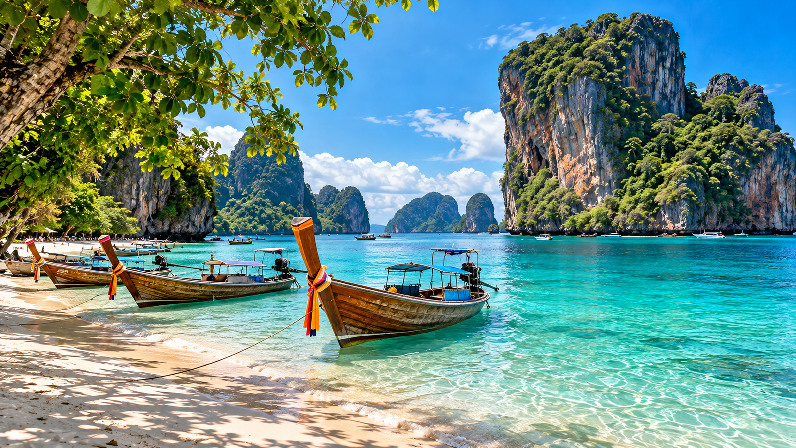 Turquoise beach water, limestone cliffs, and traditional long-tail boats in Krabi, Thailand.