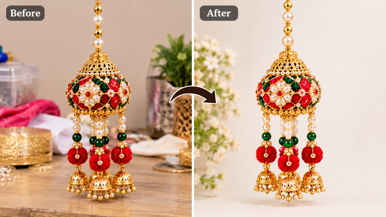 "Before-and-after comparison of a handcrafted festive hanging decoration showing a cluttered background replaced with a clean neutral studio background while preserving product details."