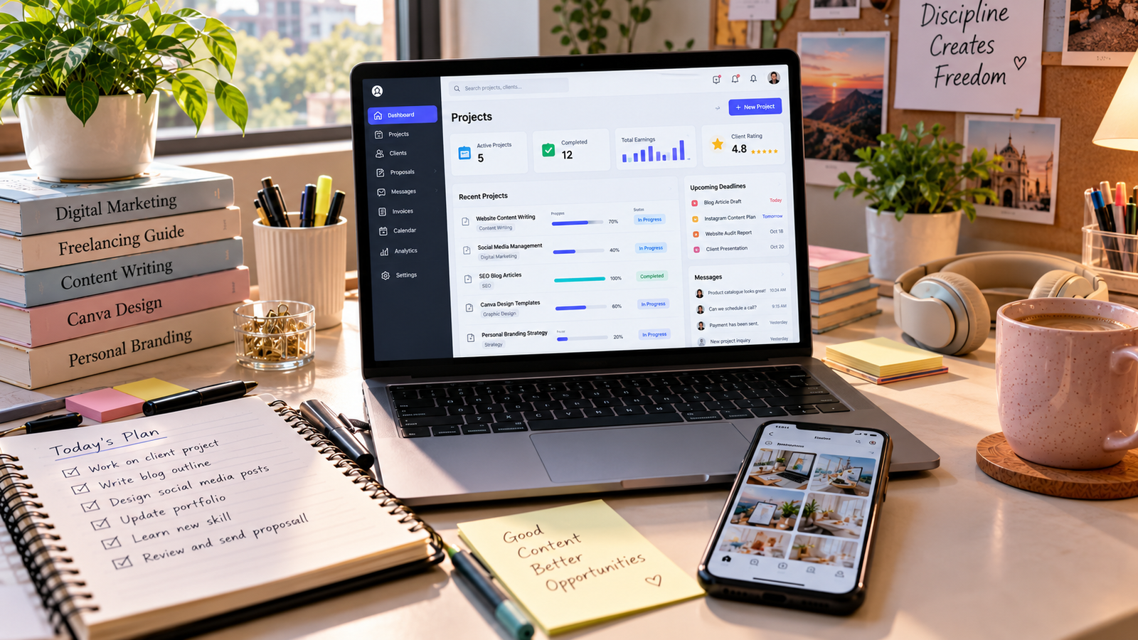 Indian college student's freelancing workspace featuring a laptop displaying a freelance project management dashboard, client assignments, earnings, deadlines, notebook, and smartphone on a modern study desk.