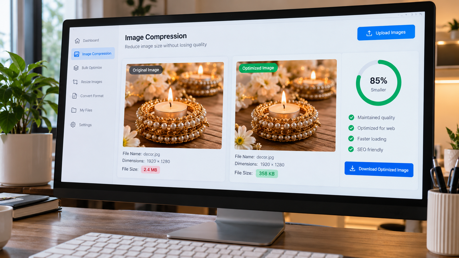 Realistic desktop monitor displaying an image compression tool comparing original and optimized website images, showing reduced file size from 2.4 MB to 358 KB for faster website loading and improved SEO.