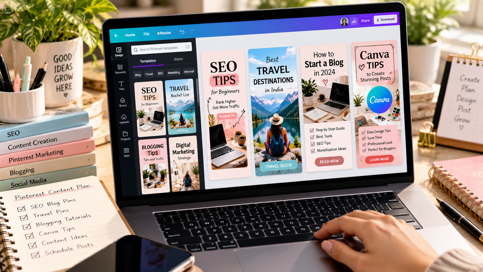 Graphic designer creating vertical Pinterest Pin templates for SEO tips, travel destinations, blogging tutorials, and Canva designs on a laptop, surrounded by content planning notebooks and stationery in a modern workspace.
