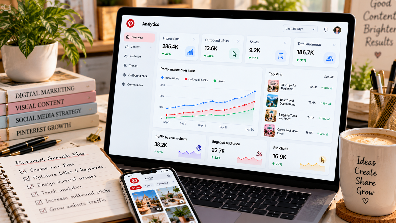 Laptop displaying a Pinterest marketing analytics dashboard with impressions, outbound clicks, saves, website traffic trends, and top-performing Pins, alongside a smartphone and content planning notebook in a professional digital marketing workspace.