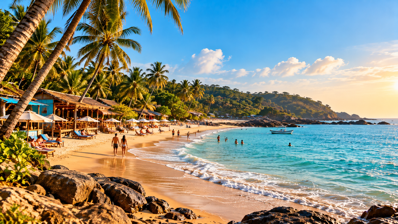 Tropical Goa beach with golden sand, coconut trees, and beautiful coastal scenery.