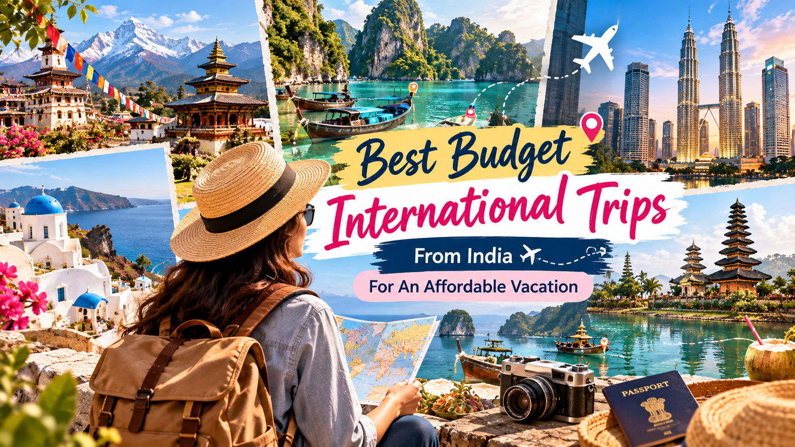 Best budget international trips from India featuring beautiful destinations such as Nepal, Thailand, Malaysia, and Bali, with scenic mountains, tropical beaches, famous landmarks, and affordable travel experiences.