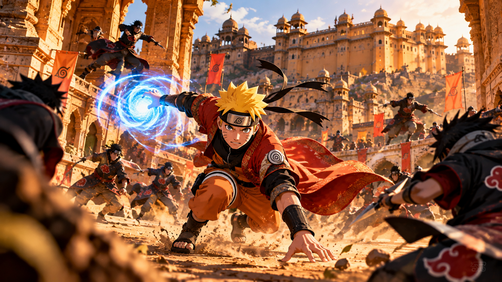 Naruto-inspired anime action scene set in India, featuring a powerful ninja using glowing blue chakra energy while battling enemies in front of a traditional Indian fort, highlighting the growing popularity of Japanese anime in India.