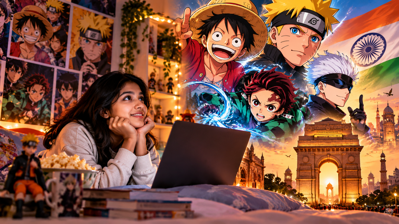 Indian anime fan watching Japanese anime on a laptop, featuring popular anime characters and Indian cultural elements representing the growing popularity of anime in India.