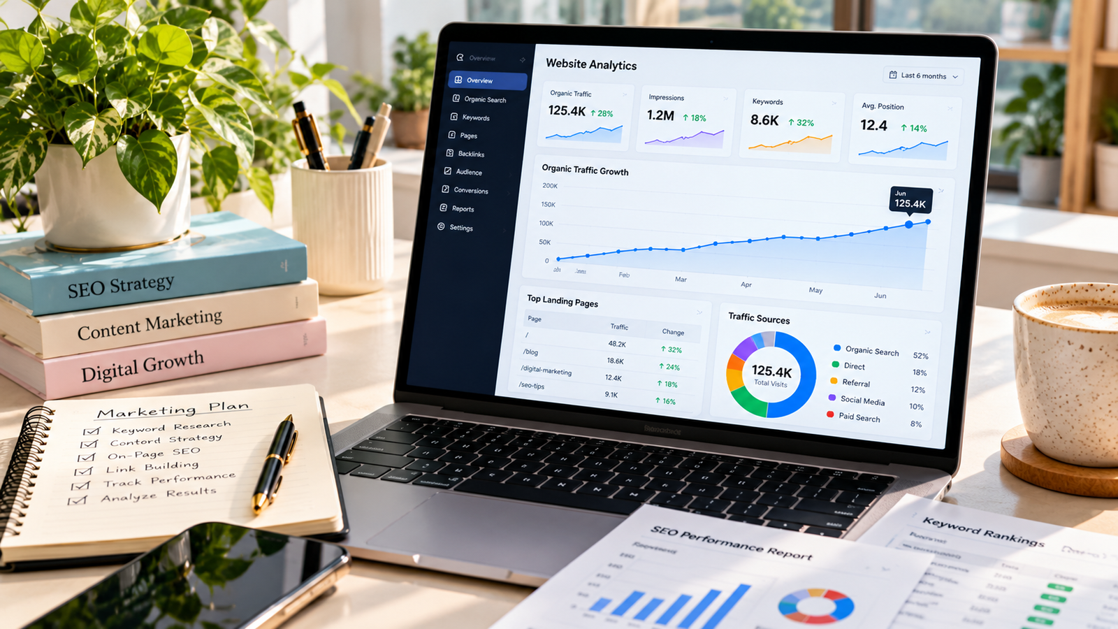Laptop displaying an SEO analytics dashboard with organic traffic growth, rising website traffic graphs, keyword rankings, search impressions, and performance reports in a modern digital marketing workspace.