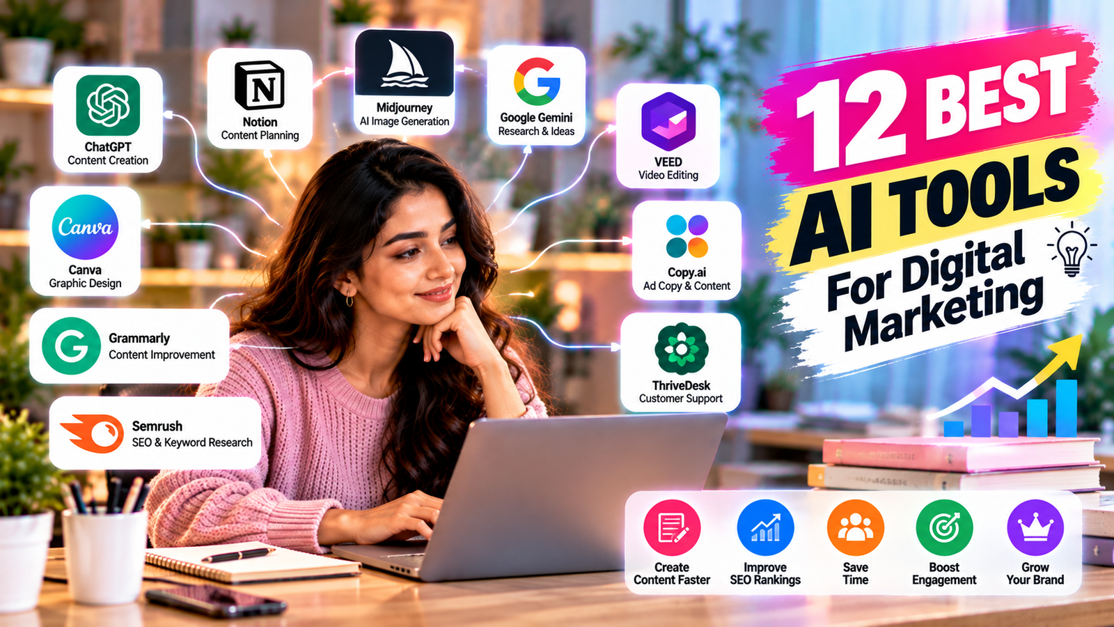Digital marketing professional exploring AI tools including ChatGPT, Canva, Grammarly, Semrush, Notion, Midjourney, Google Gemini, and Copy.ai for content creation, SEO optimization, graphic design, and marketing automation.