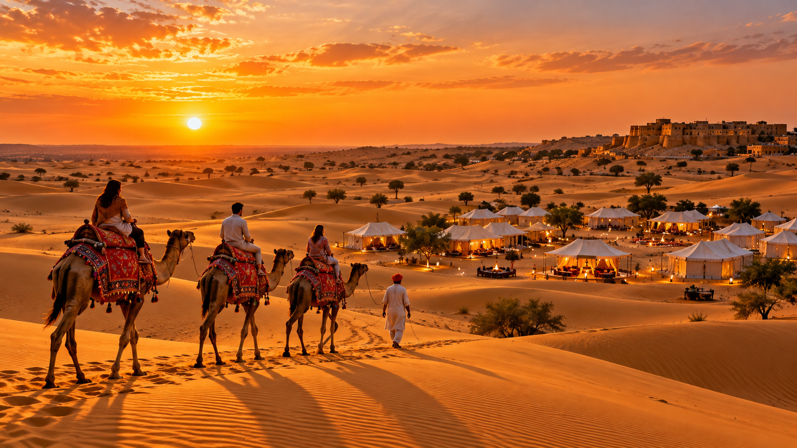 Golden sand dunes and traditional camel safari in Jaisalmer, Rajasthan, during sunset.