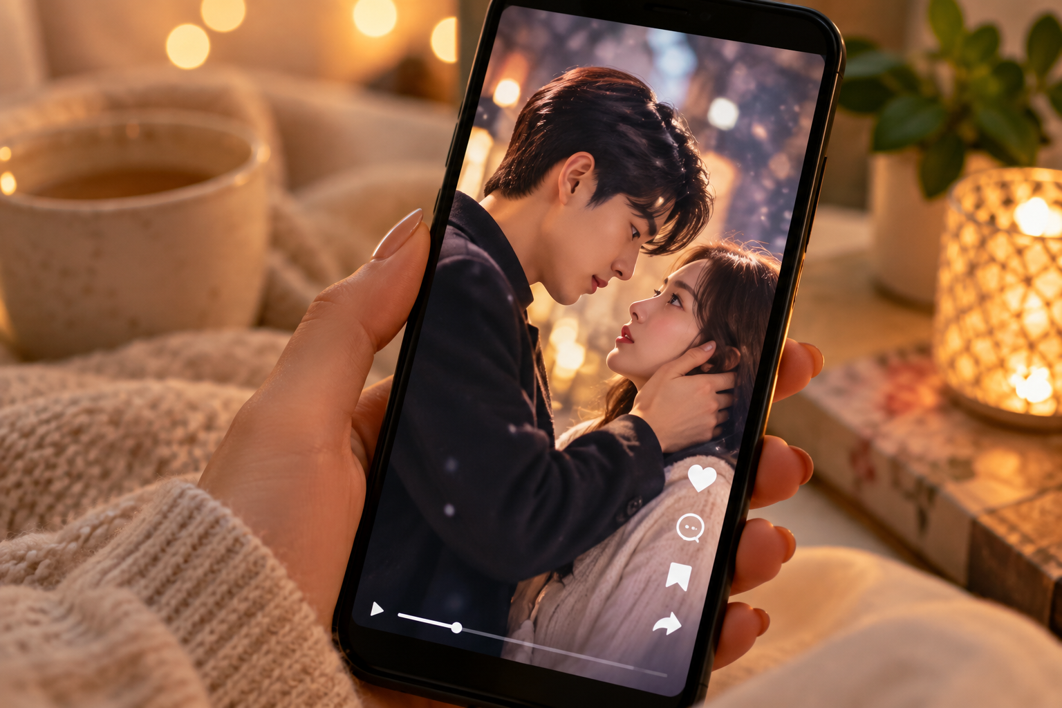 A smartphone displaying a romantic vertical micro-drama featuring a Korean couple sharing an emotional moment, highlighting the growing popularity of short-form romantic dramas on mobile devices.