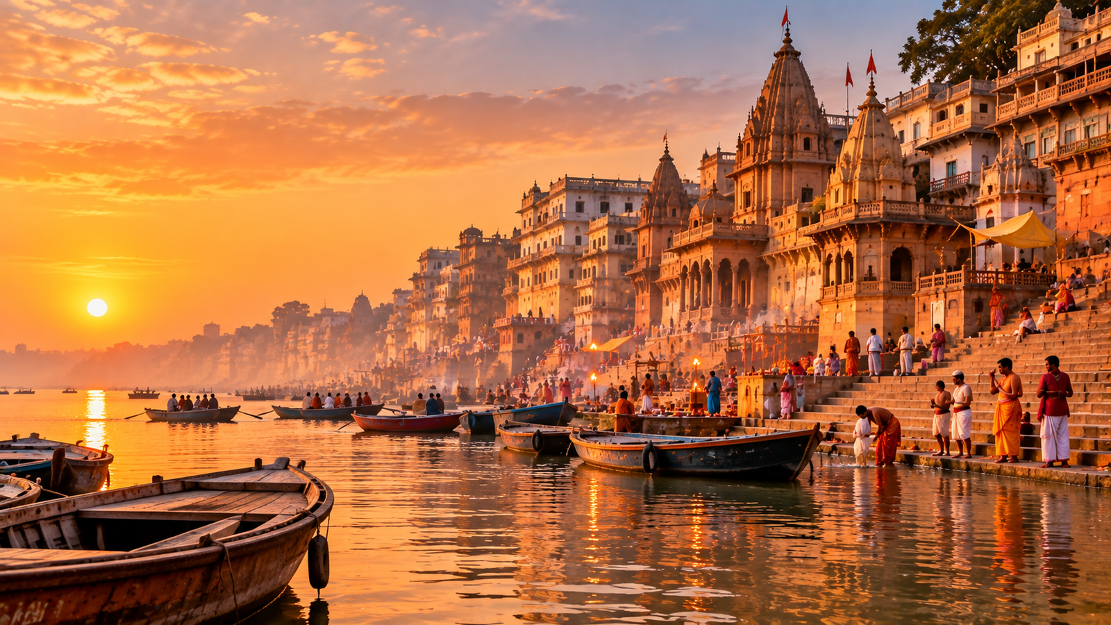 Varanasi ghats along the River Ganga showing pilgrims, traditional boats, and spiritual tourism in India.