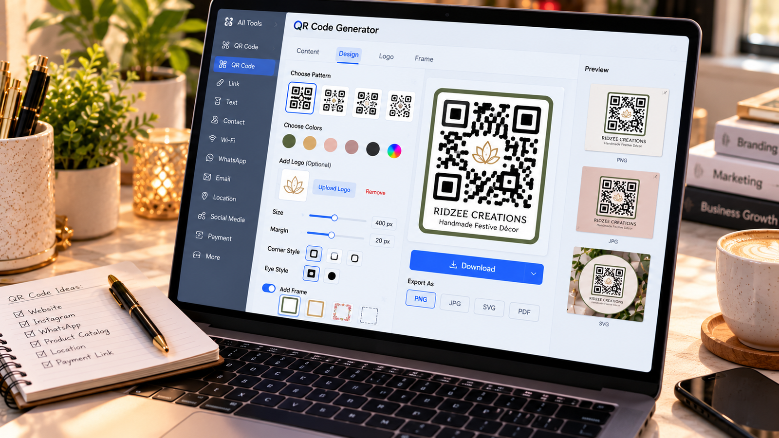 "Close-up of a laptop displaying a QR code generator with custom design options, color settings, logo integration, margin adjustments, and PNG, JPG, SVG, and PDF export formats."