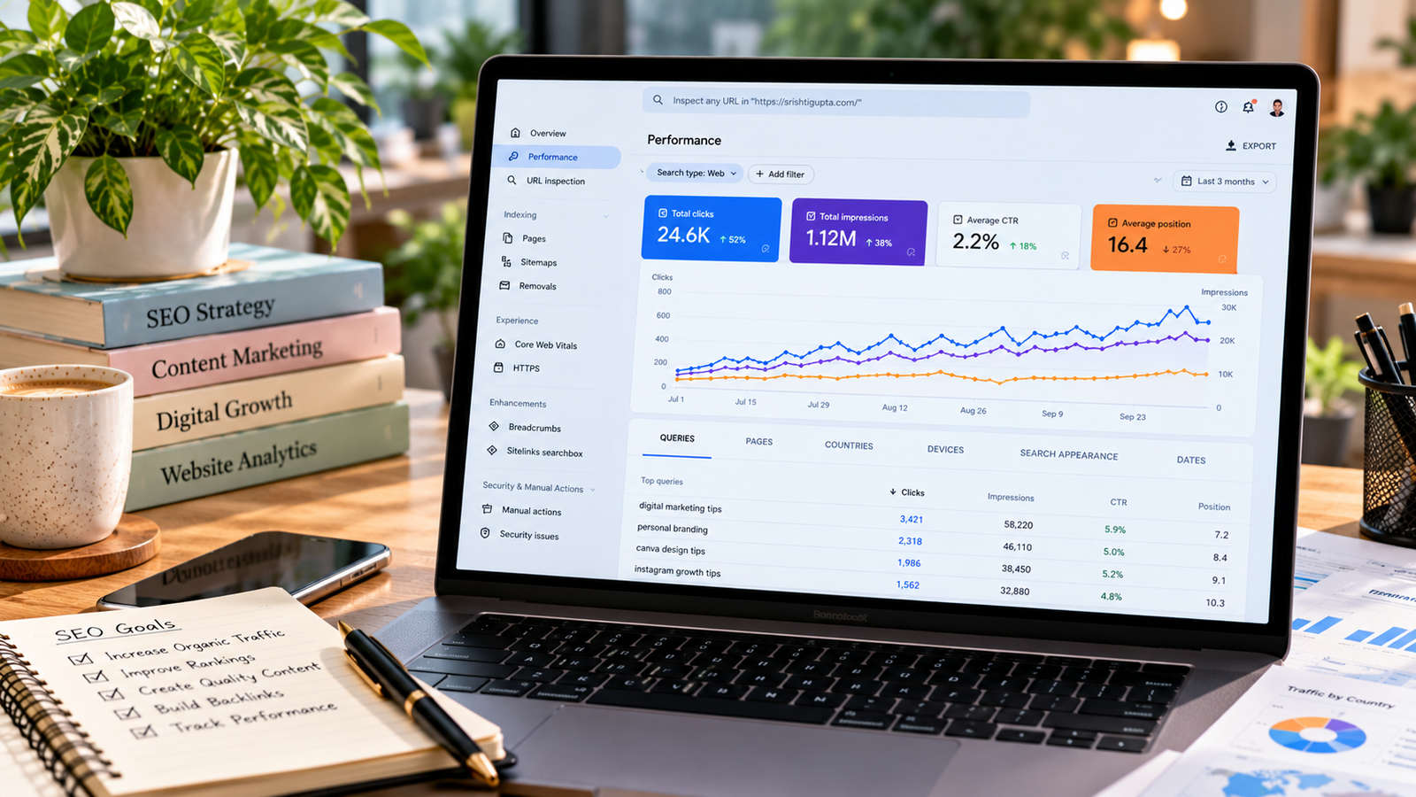 Laptop displaying a fictional Google Search Console performance dashboard with total clicks, search impressions, average CTR, keyword rankings, and organic search traffic graphs in a professional digital marketing workspace.