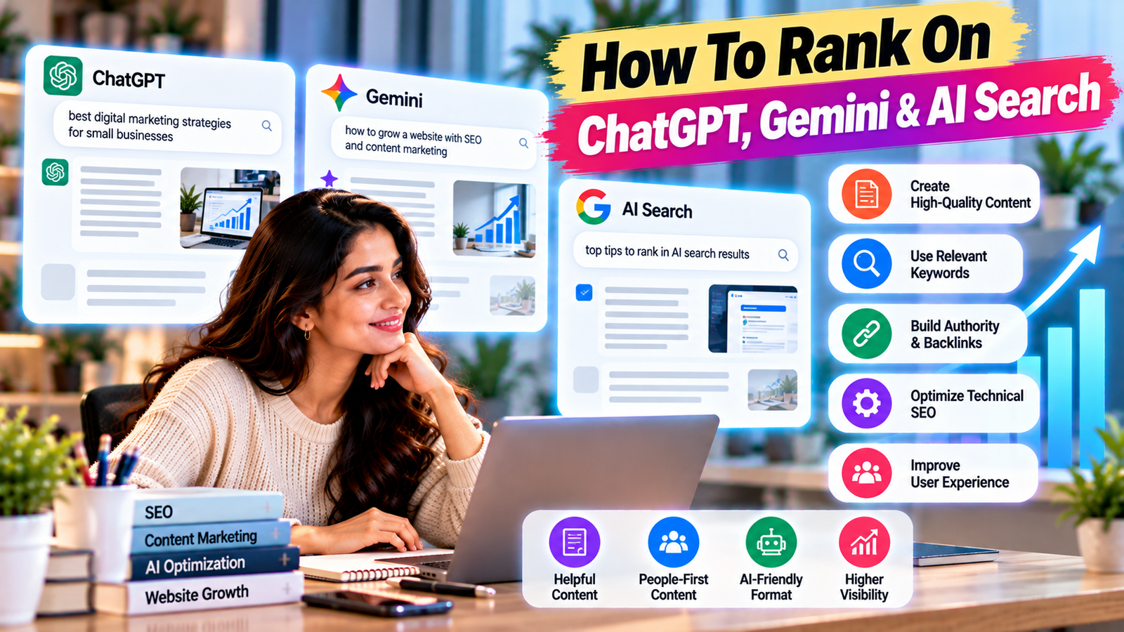 Digital marketing professional exploring how to improve website visibility in ChatGPT, Google Gemini, and AI search through high-quality content, relevant keywords, authoritative backlinks, technical SEO, and AI search optimization.