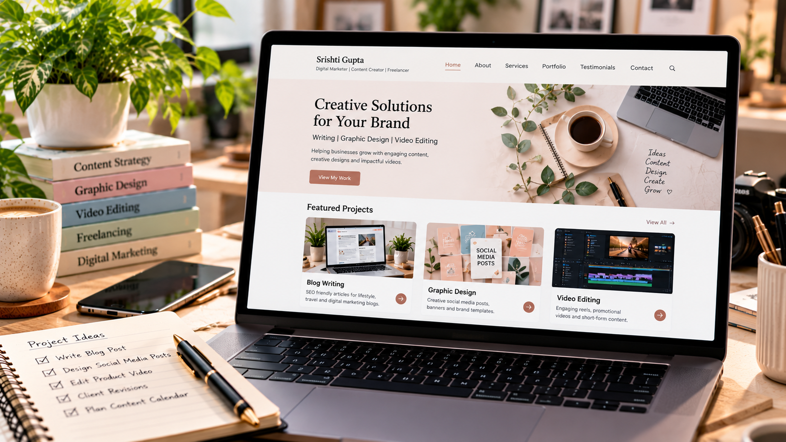 Laptop displaying a professional freelancer portfolio website showcasing content writing, graphic design, and video editing projects with creative work samples in a modern digital marketing workspace.