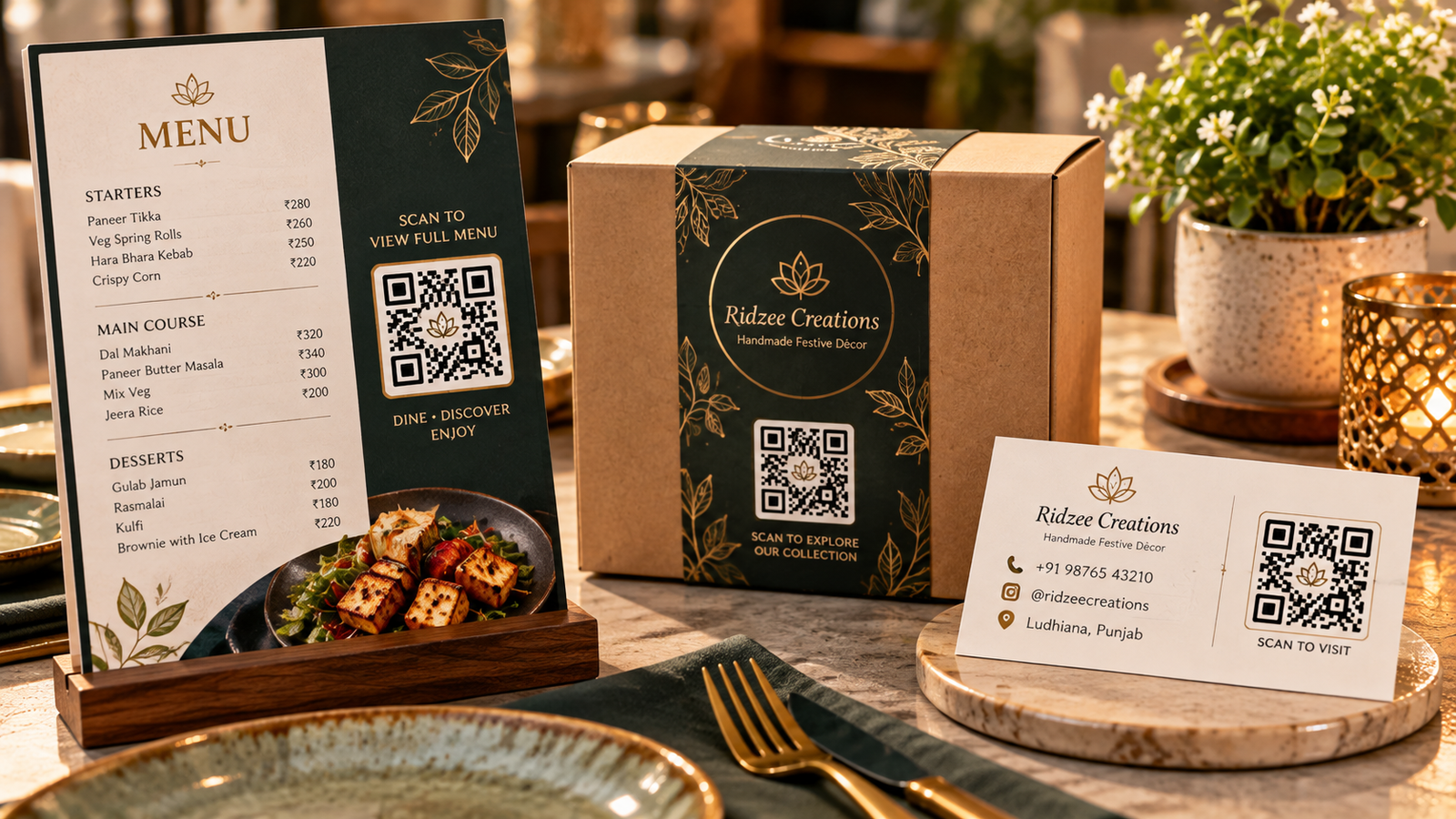 Professional display of a restaurant menu, handmade product packaging, and business card featuring custom QR codes for digital menus, product information, and business marketing."