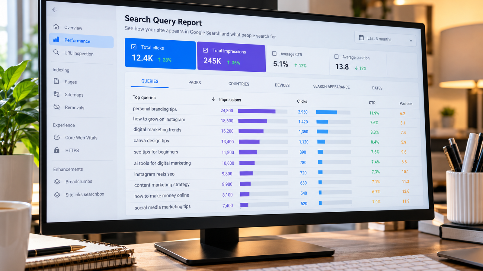 Realistic desktop monitor displaying a Google Search Console-style search query report with SEO keywords, organic clicks, impressions, click-through rates (CTR), and average keyword rankings for website performance analysis.