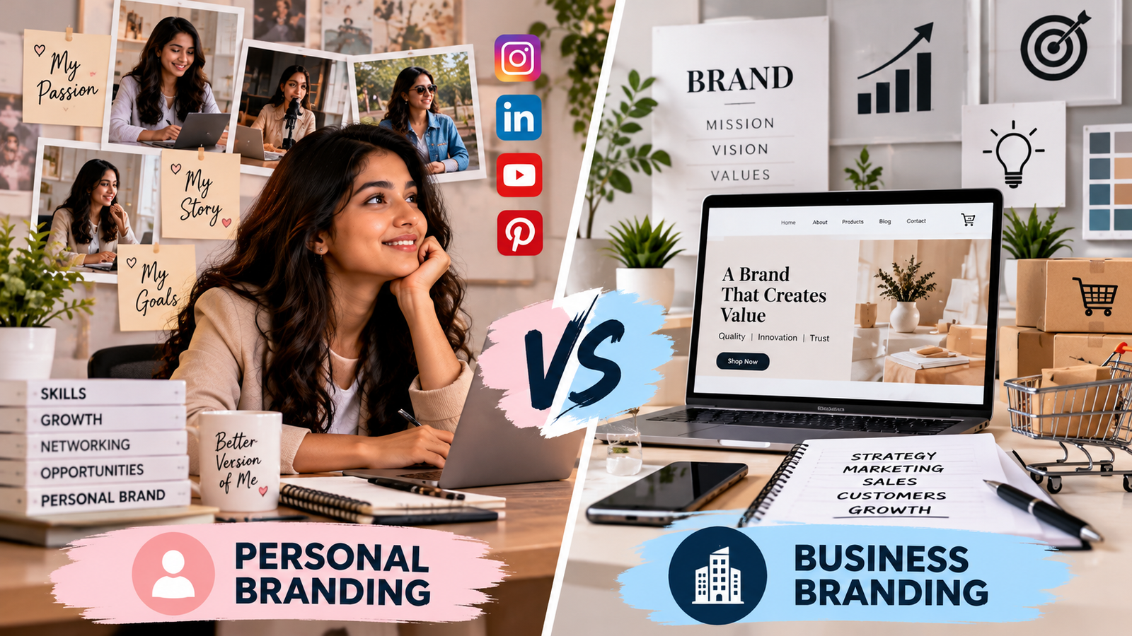Side-by-side comparison of personal branding and business branding, showing an individual building a professional identity through social media and a company developing its brand through marketing, products, and business strategy.
