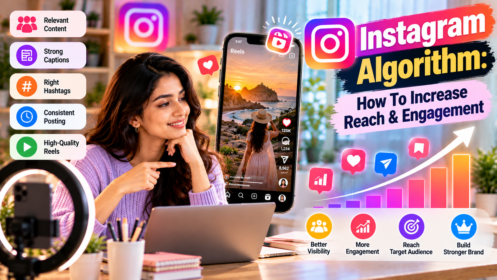 Instagram algorithm strategies showing a content creator using high-quality Reels, engaging captions, relevant hashtags, consistent posting, and audience-focused content to increase Instagram reach, engagement, and visibility.
