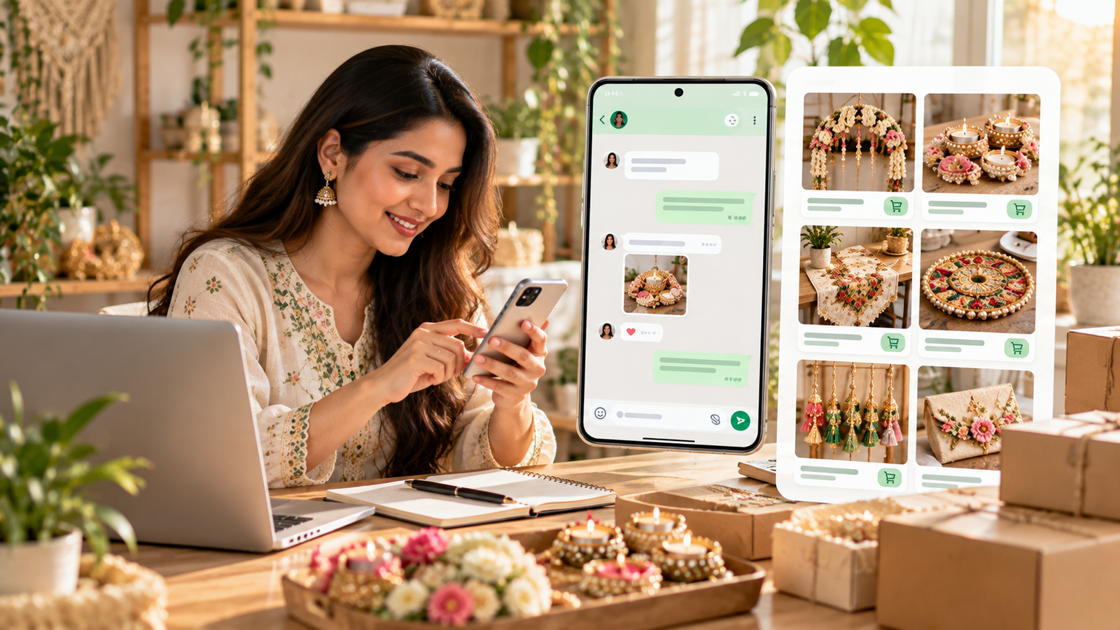Small business owner using WhatsApp marketing to showcase products and communicate with customers.